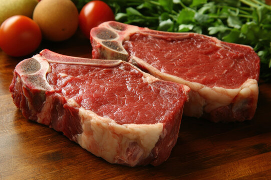 Raw pork chops with fresh vegetables and rosemary on a white plate