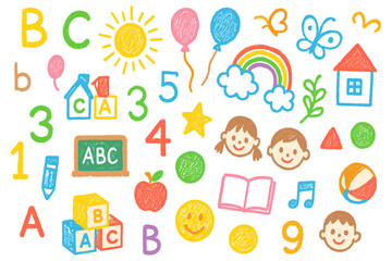 Charming whimsical drawing filled with colorful school and childhood icons set against a white background