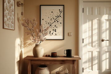 Charming Scandinavian hallway design with minimalist decor and elegant personal touches showcased in warm beige tones