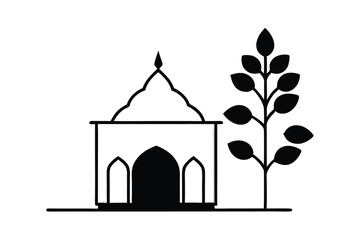 Sacred ghar with tulsi plant centered in courtyard vector art illustration