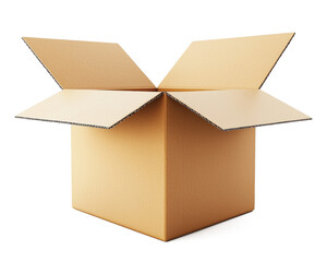 3D rendering of a new condition cardboard shipping box, slightly open, isolated on white background for logistics and delivery concepts