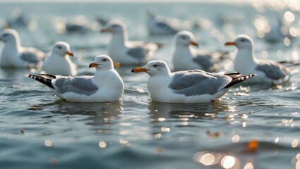 Fototapeta premium Seagulls Resting on the Water Before Flying to Find Food with Empty Space for Text