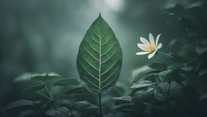 Green leaf and flower with empty space for text.