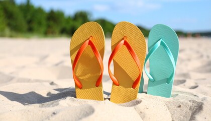 A close-up view of colorful flip flops resting in warm, sunlit sand on a serene beach, capturing the essence of summer, relaxation, and seaside tranquility in a peaceful, tropical setting