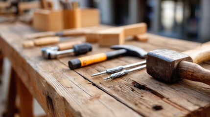 Collection of woodworking tools arranged on a rustic wooden workbench in a workshop during daylight hours