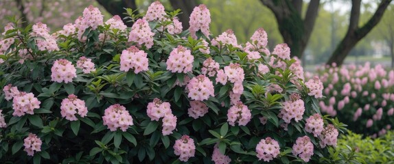 Bignonia flowers on a bush during flowering decoration of parks with empty copy space for text