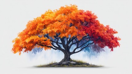 Majestic autumnal tree, vibrant colors against a foggy backdrop