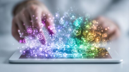 Hands interacting with a tablet displaying vibrant holographic icons
