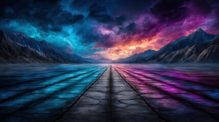 Majestic pathway stretches through vibrant, colorful mountains under dramatic clouds