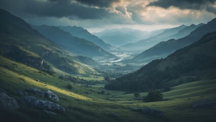 Obraz premium View Of Beautiful Landscape with mountains and lush greenery on a cloudy day