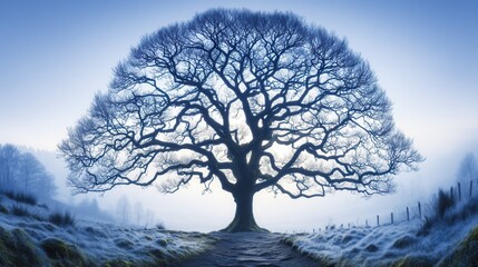 Majestic oak tree in a frosty landscape