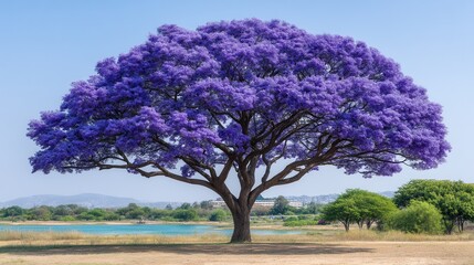 Majestic purple tree by a serene lake
