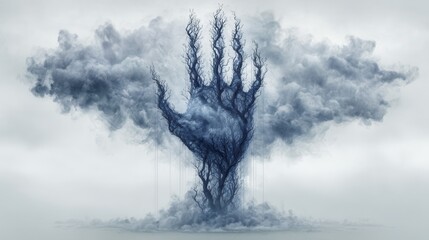 Hand-shaped cloud emerging from a misty base