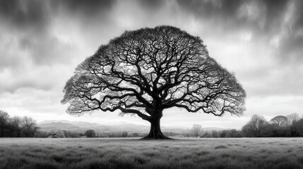 Majestic oak tree in a field under a dramatic sky