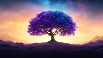 Majestic purple tree atop a hill, vibrant sunset