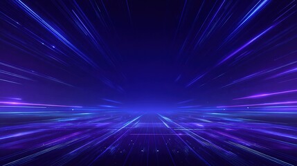 Symmetrical composition with blue and purple gradient lines on a blue background, showcasing a futuristic technology style
