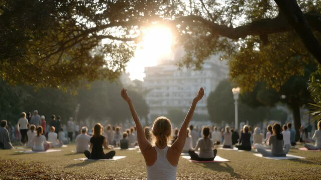Large Group Yoga Session Outdoors at Sunrise: Diverse People Meditating in Lotus Position on Mats in a Park, Wellness and Healthy Lifestyle