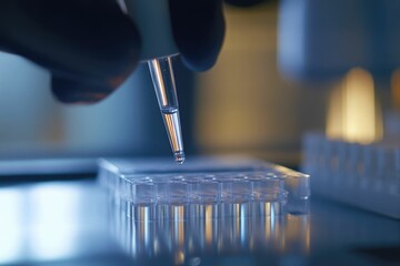 Life scientists researching in laboratory. Focused female life science professional pipetting solution into the glass cuvette. Healthcare and biotechnology concept.


