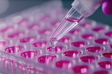 Life scientists researching in laboratory. Focused female life science professional pipetting solution into the glass cuvette. Healthcare and biotechnology concept.

