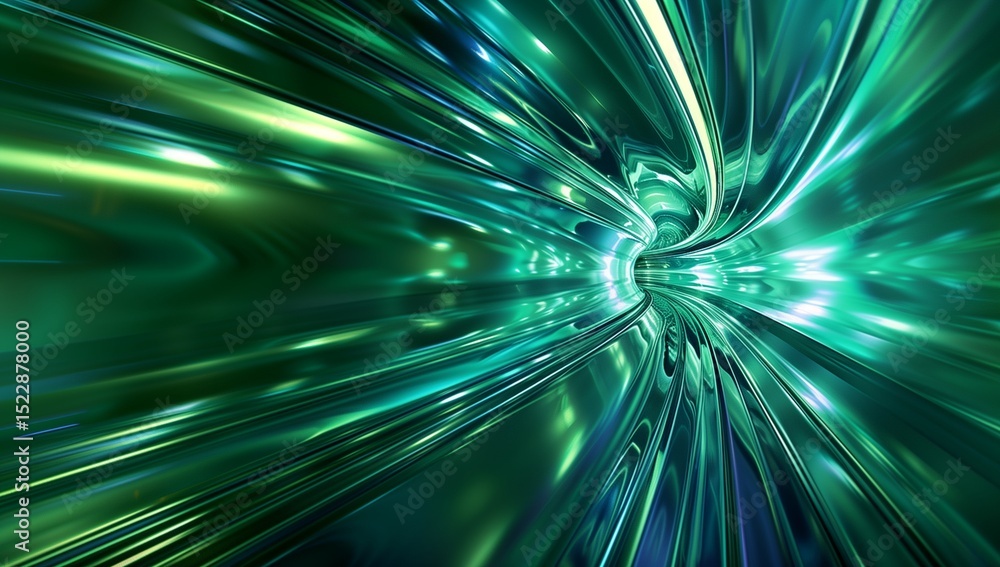 Poster abstract background with green light streaks and rays, a time tunnel or wormhole.
