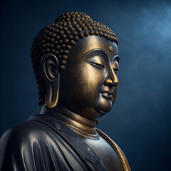 Golden Buddhist sculpture of a peaceful, ancient Buddha head in a Thai temple, symbolizing spiritual zen and meditation in Asian culture