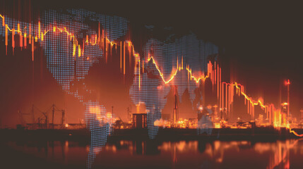 Economy stock chart crash with world map and industry background.
