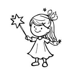 Vector hand drawn fairy with wings and a magic wand in her hand. A tooth fairy in a dress, shoes with pink hair floating in the air.