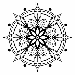 Circular Mandala Design: An intricate black and white mandala design, featuring a central flower motif surrounded by radiating leaves and geometric patterns.