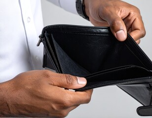 Close-up of a black man's hands holding an open black leather wallet, revealing there is no money