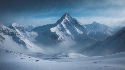 A snowy mountain range with blue sky