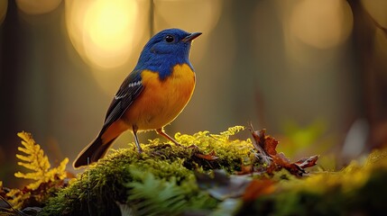 Colorful bird perched on mossy branch at dawn