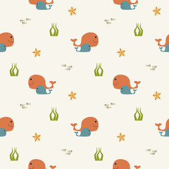Wale and son cartoon so cute. On seaweed starfish fish background. Pattern seamless vector illustration. 