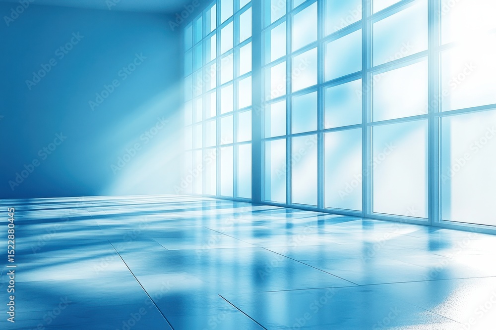Poster bright modern interior with large windows casting soft light and shadows on a sleek floor in a minim