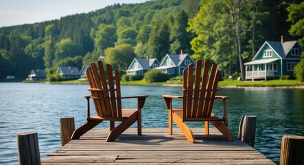 Fototapeta premium Two Adirondack Chairs Rest On A Wooden Dock Facing A Tranquil Lake, With Cottages Among Trees Line The Shore Across The Water, Completing The Scene, With Empty Space For Text