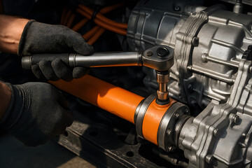 Mechanic hands adjusting drivetrain component inside modern vehicle under bright shop light with visible tools