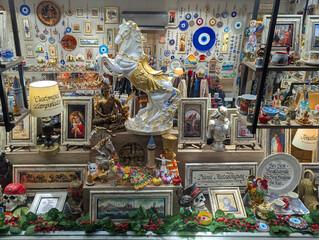 Souvenir shop with traditional oriental jewelry, decorative items. Selling souvenir jewelry to...