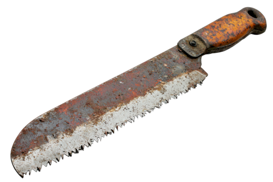 Old, rusty machete-like saw tool