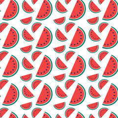 A repeating pattern of red watermelon slices on white background —perfect for summer designs.