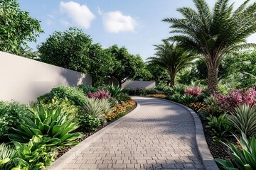 Eco-friendly Accommodation Concept, 3D render of a beautifully landscaped area at an ecoaccommodation, with permeable paving and native plant species, highlighting storm water management