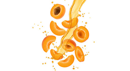 apricot slices falling down with apricot juice PNG. Fresh and organic apricot juice with apricot fruit slices flying isolated. Vegan vegetarian apricots flying png. apricots isolated