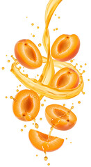 apricot slices falling down with apricot juice PNG. Fresh and organic apricot juice with apricot fruit slices flying isolated. Vegan vegetarian apricots flying png. apricots isolated