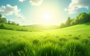 Obraz premium green grassland landscape with sunlight isolated background. High quality
