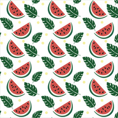 A lively pattern of watermelon slices and green monstera leaves on a white background.