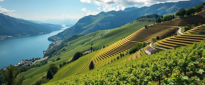 Lavaux vineyard terraces, Lake Geneva, Switzerland Steep slopes, grapevines, stunning view,  tourism,  travel