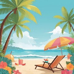 Tropical Beach Illustration with Sunset Sky and Palm Trees in Flat Vector Style