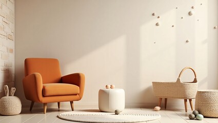 Fototapeta premium Modern nursery room design with orange armchair and woven crib