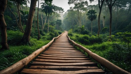 Tracking wooden road in the middle of a monkey forest with a refreshing green landscape, various trees, and mystical atmosphere, featuring empty space for text