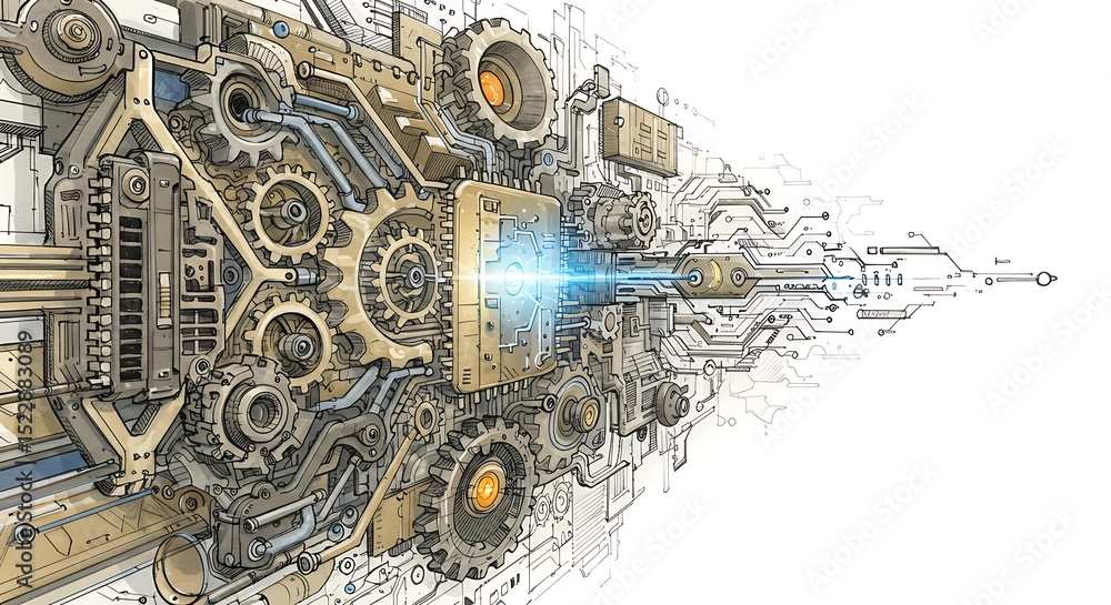 Poster drawing of complex gear system with light and circuitry