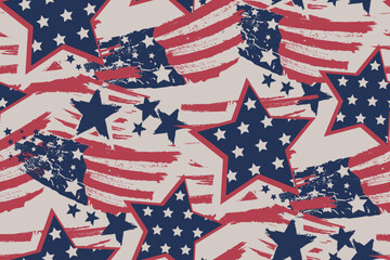Seamless patriotic pattern with abstract stars and American flag textures in red, white, and blue. Grunge brush strokes on orange background. Bold USA-themed design for prints or textiles.