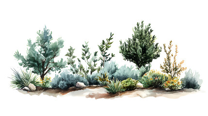 Watercolor painting of various trees and shrubs, showcasing different shapes and sizes of foliage. with isolated on a transparent  background